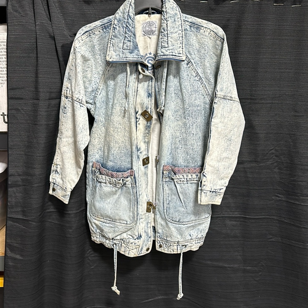 FANTASTIC 1980s VINTAGE Acid Wash Toggle-Collar‎ DENIM Jack / Size S